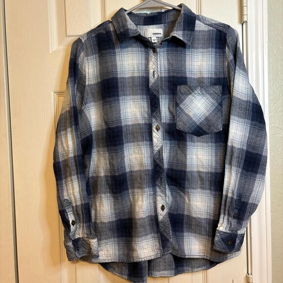 Sonoma Goods For Life Women’s Petite Large Plaid Flannel Button Shirt Blue Gray - Picture 1 of 6